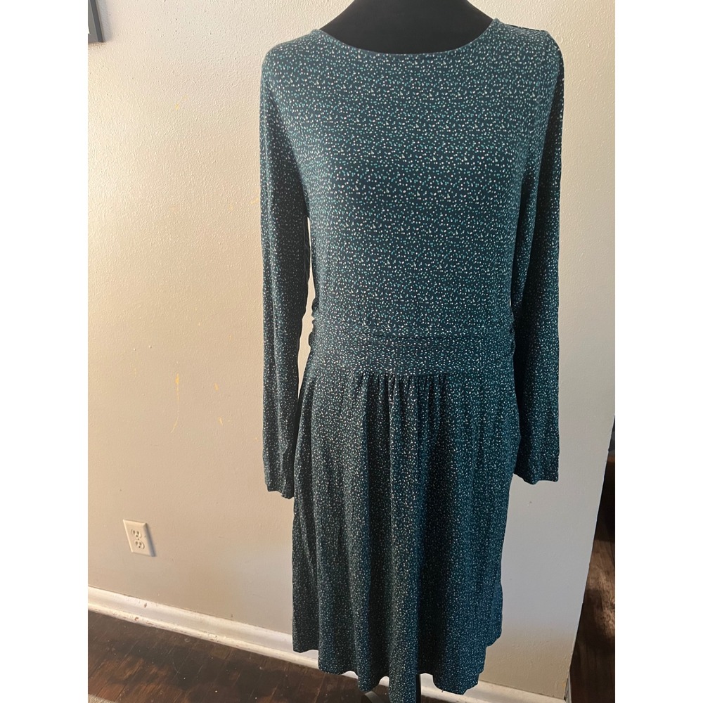 BODEN Jersey Midi Dress Micro Polka Dot Long Sleeve Womens 10R Teal Green Pocket